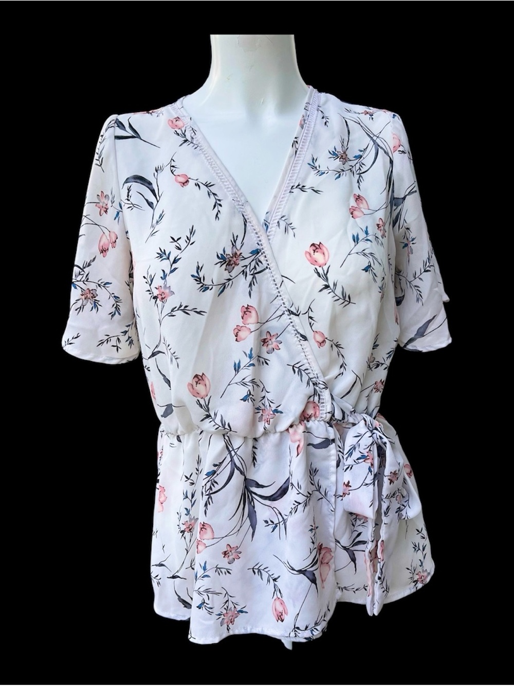 Sienna Sky Floral Blouse Women Sz S Boho V Neck Short Sleeve White